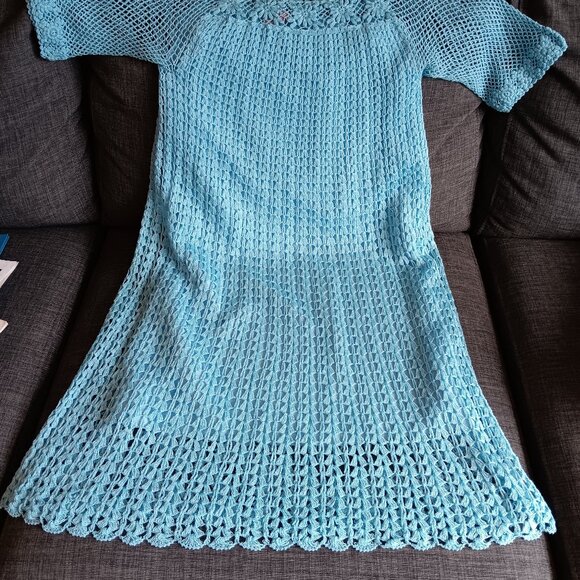 Rare Vintage Blue Crochet Mini Dress Boho Floral Fishnet Sleeves XS/S - Picture 13 of 15
